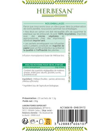 Herbesan Lemon Balm Herbal Tea Organic 20 Sachets - Buy Online on GoSupps.com