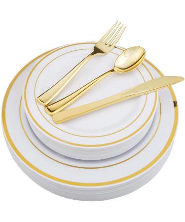 KOYEE 125 Piece Gold Plastic Silverware&Disposable Plastic Plates- Premium Heavyweight Plastic Place Setting include 25 Dinner Plates 25 Salad Plates 25 Forks 25 Knives 25 Spoons (Gold)