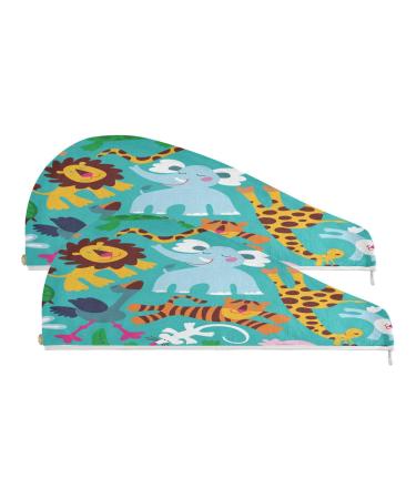 Funny Animals Dry Hair Cap 2 Piece Quick Drying Towel Set with Button Headband Super Absorbent Soft & Comfortable