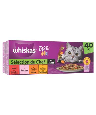 WHISKAS Cat Meal - 40 Freshness Sachets - Tasty Mix Chef's Selection (4 Varieties) - Adult Cat Food in Sauce - Complete & Bal