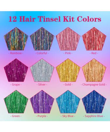 Sparkling Hair Tinsel Kit - 2100 Strands, 47 Inch with Tool, 12 Colors - Perfect for Christmas Decorations - Hair Extensions for Women and Girls - Buy Online on GoSupps.com