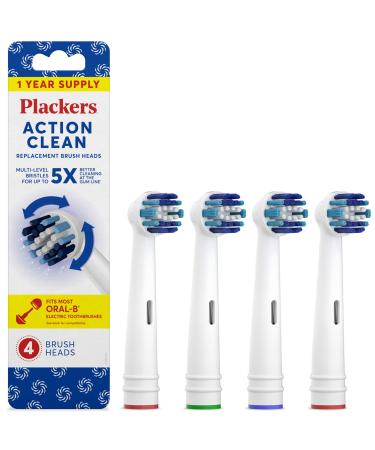 Plackers Action Clean Replacement Brush Heads(Fits Most Oral-B Electric Toothbrushes), 4 Count