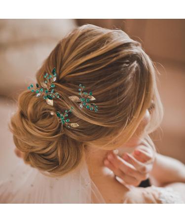 Bride Leaf Hair Pins Set - Vintage Gold Vine Barrettes with Emerald Green Crystals - Bridal Hair Accessories - Buy Online on GoSupps.com