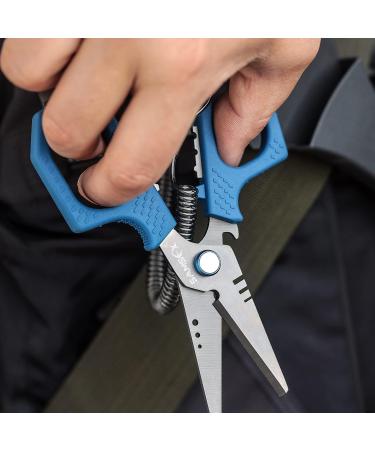 SAMSFX Fishing Braid Line Scissors with Titanium Coating, Dual-Serrated Blade, Kraton Handle, Sheath, Lanyard - Blue Kraton Handle - Buy Online on GoSupps.com