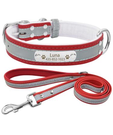 Senristar personalized reflective dog collar and leash set custom engraved warm food dog tape with name tag for small medium large dogs & cats XL (width 3.0 cm neck circumference 45-55 cm) red set