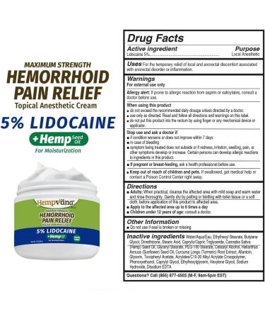 Hempvana Hemorrhoid 5% Lidocaine Pain Relief Cream AS-SEEN-ON-TV Relieves Itching Throbbing and Burning Discomfort Caused by Hemorrhoids Enriched w/ 100% Hemp Seed Oil Non-Greasy Odor-Free 3oz - Buy Online on GoSupps.com