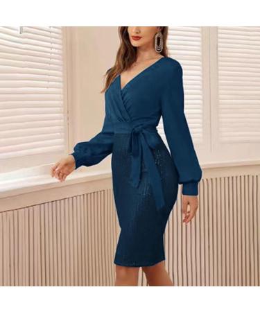 Shop Hanxiulin Ladies Cocktail Dress - Glitter Long Sleeve Festive Evening Dresses with Sequins in Blue - Buy Online on GoSupps.com
