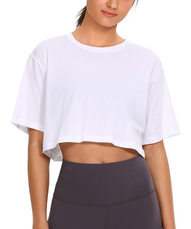 CRZ YOGA Women's Pima Cotton Workout Crop Tops Short Sleeve Yoga Shirts Casual Athletic Running T-Shirts Medium White