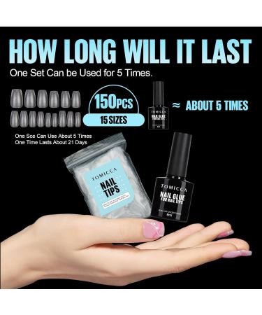 Tomicca Ultra Short Gel Nail Tips - 150 Pcs Soft Full Cover Coffin Nail Tips Set with Glue | Professional Salon Quality - 15 Sizes - Buy Online on GoSupps.com