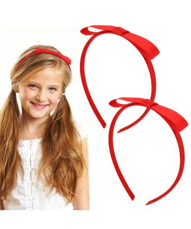 PAFUWEI 2 Piece Red Hair Bow Headband  Handmade Soft Cloth Red Ribbon Headband Fashionable Knot Hairband Hair Accessories for Girls and Women Ideal for Birthday Halloween Costume Party  Daily Decor