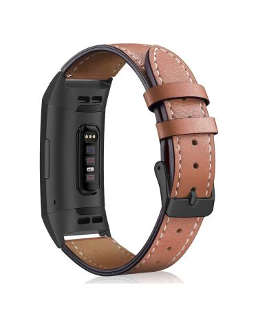 Mornex Leather Band Compatible for Fitbit Charge 3/ Charge 4, Replacement Genuine Leather Bands for Women Men 01.Graphite Connector & Brown