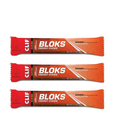 CLIF BLOKS - Energy Chews - Orange with 25mg Caffeine - Non-GMO - Plant Based Food - Fast Fuel for Cycling and Running-Workout Snack (2.1 Ounce Packet 3 Count) Orange 3 Count (Pack of 1)