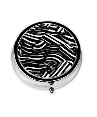Black and White Linesround Pill Box 3 Compartments Round Pill Box Organizer for Purse Or Pocket Portable Travel Pill Box