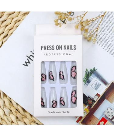 24Pcs Pink Butterfly Press on Nails - Exquisite Design Full Cover Acrylic Nails for Women - Spring Nail Art Decorations - Buy Online on GoSupps.com