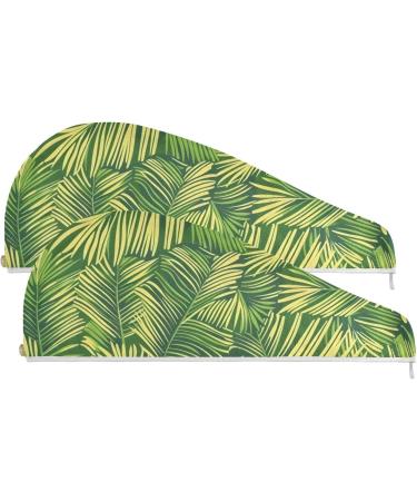 Tropical Green Palm Leaves Hair Towel 2 Pack | Super Absorbent Quick Dry Hair Turbans for Women & Girls - Buy Online on GoSupps.com