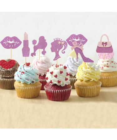 UXYOKM 24 Pcs Princess Cupcake Toppers Pink Glitter High Heel Lipstick Bow Tie Handbag Cupcake Picks Wedding Bridal Shower Girls Birthday Party Cake Decorations Supplies - Buy Online on GoSupps.com