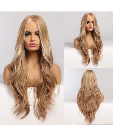 OMELPIS Stylish Long Blonde with Highlights Wavy Wig Middle Part Curly Natural Heat Resistant Fiber Synthetic Wig for Women Girls Daily Party Holiday Festival Chrismas Travel Use (26 Inches/66cm) Blonde Highlights 26 In