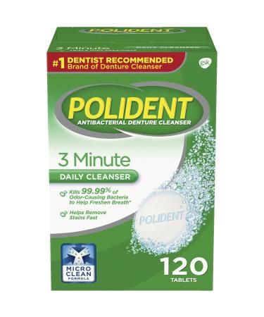 Polident 3 Minute Triple Mint Antibacterial Denture Cleanser Effervescent Tablets 120 count (Pack of 2)
