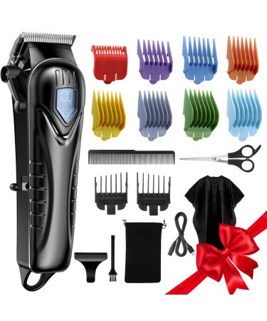 Hair Clippers for Men&Women Professional Low Noise Cordless Hair Cutting Kit with 10 Color Combs LED Display Men Gifts 5H Beard Trimmer Barber Hair Clippers Set with Scissors Cape 2-black