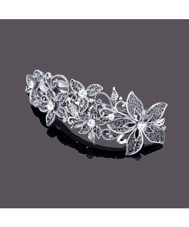 Parieo 2 Pieces Vintage Silver Leafy Barrette Antique Filigree Silver Flower Crystal Barrette Diamante Flower Design Hair Barrette - Buy Online on GoSupps.com