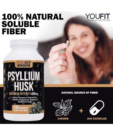 YouFit Psyllium Husk Capsules - 1450mg Soluble Fiber Supplement for Intestinal Health - 240 Capsules - Buy Online on GoSupps.com