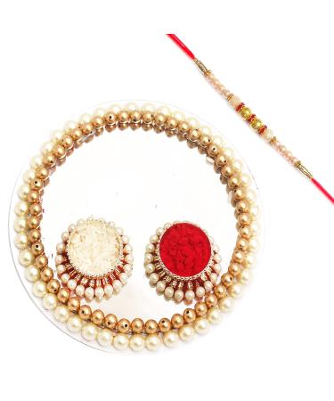 Ghasitaram Gifts Rakhi Gifts for Brothers Rakhi Gifts Rakhi Pooja Thalis- White Pearl Pooja Thali with Pearl Rakhi