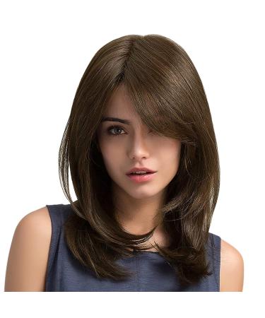 Caseeto Wig for Women Layered Wig Natural Synthetic Wig Brown Wig with Bangs Medium Length Hair Wig for Daily Party Brown-B