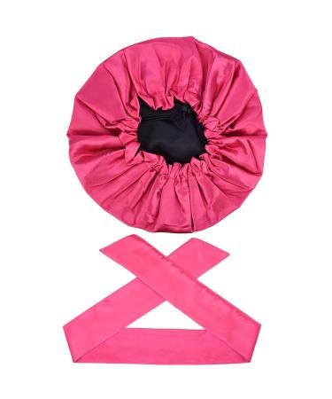 Satin Bonnet Sleep Cap and Edge Laying Scarf Set Double Layer Reversible Hat Rose Red With Black