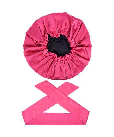 Satin Bonnet Sleep Cap and Edge Laying Scarf Set Double Layer Reversible Hat Rose Red With Black - Buy Online on GoSupps.com