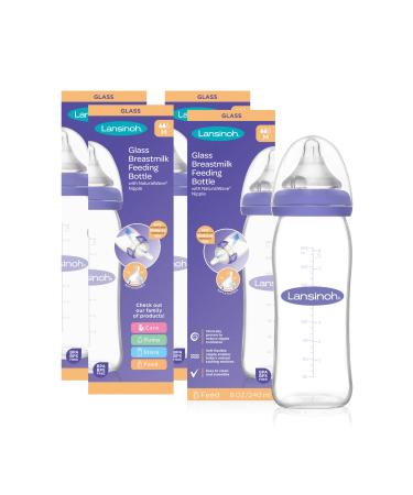 Lansinoh Glass Baby Bottles for Breastfeeding Babies Includes 4 Medium Flow Nipples (Size 3M) 8 Ounce (Pack of 4)