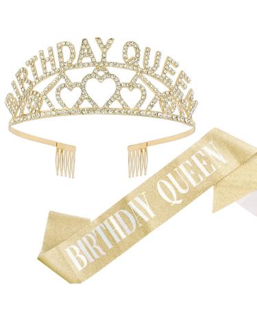 AOPRIE Birthday Tiara for Women Gold Birthday Queen Sash & Headband Happy Birthday Tiara and Crown for Women Rhinestone Crystal Decor