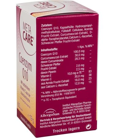 Meta Care Coenzyme Q10 - Natural Vitamin C from Acerola Cherry - 60 Vegan Capsules with Black Pepper Extract for Maximum Absorption - Buy Online on GoSupps.com