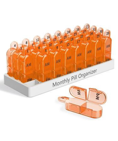 Monthly Pill Box Organiser 2 Times A Day Am Pm Medicine Box with 32 Compartments to Hold Vitamin Pills Tablet Box with Easy Open Design for Children Elder and Arthritic Hands - Orange