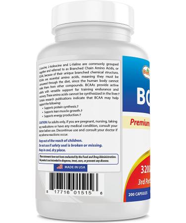 Best Naturals BCAA Branch Chain Amino Acid 3200mg - 200 Capsules | Pharmaceutical Grade, Pure Instantized Formula | Pre/Post Workout Bodybuilding Supplement for Muscle Growth - Buy Online on GoSupps.com