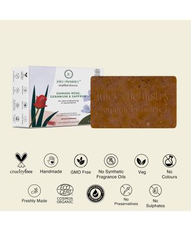 Juicy Chemistry Certified Organic Natural Soap Bar for Women | Skin Brightening & Rejuvenation with Damask Rose Geranium & Saffron | 90g International Shipping - Buy Online on GoSupps.com