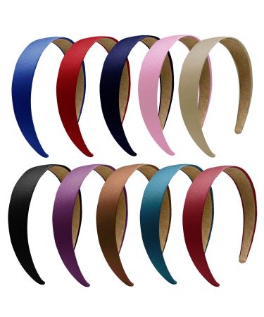 1.2 Inch Satin Headbands 10 Pcs Multi Color Ladies and Girls Hard Hair Bands, 10 Colors Multicolor