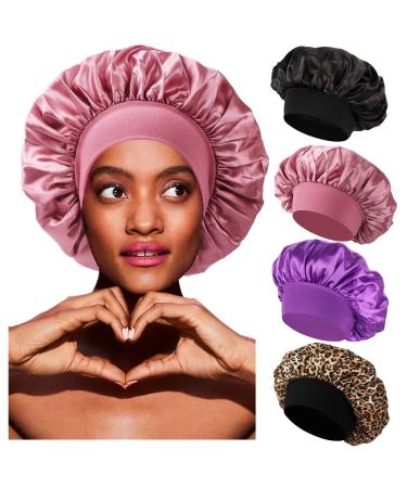 4 PCS Satin Bonnet for Sleeping Hair Bonnets for Black Women Hair Cap for Sleeping Bonnets for Teen Girls Bonet Pack B B-black rose Gold purple leopard