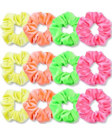 IVARYSS Neon Scrunchies for Hair 80s Premium Velvet Soft Hair Scrunchy Solid Colors Thick Elastic Bands Hair Accessories for Women and Girls 12 Pack