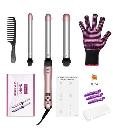 Automatic Hair Curling Wand with 3 Interchangeable Barrels | LCD Display, Fast Heat-Up | Ceramic Coating for All Hair Types | Rose Gold - Buy Online on GoSupps.com