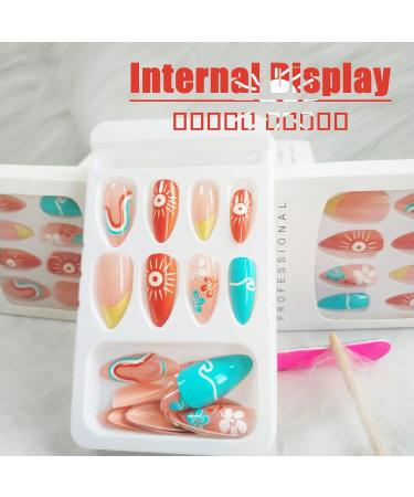 Buy 24Pcs Summer Sun Press On Nails - French Tips Medium Almond Acrylic Fake Nails with Waves Design for Women & Girls | Glossy Colorful Curve Line Manicure Art - Buy Online on GoSupps.com
