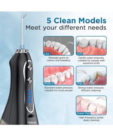 TEBIKIN Cordless Water Flosser Portable Dental Professional Oral Irrigator - 5 Levels, 5 Tips, IPX7 Waterproof - Travel Water Teeth Cleaner - 300ML - Black - Buy Online on GoSupps.com