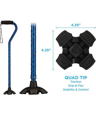 NOVA Sugarcane Walking Cane with Quad Tip Base & Carrying Strap - Blue Rain Waves Design - Buy Online on GoSupps.com