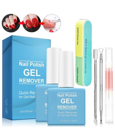 Gel Remover for Nails 2 Pack Nail Polish Remover with Cuticle Oil Pen And Nail Buffer & Cuticle Pusher Manicure Tools 3-5 Minutes Professional Quick Remove Polish No Soaking or Wrapping