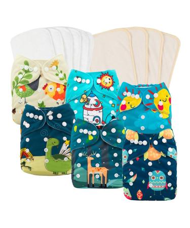 babygoal Reusable Cloth Diapers for Baby Boys, One Size Adjustable Washable Pocket Nappy Covers 6 Pack+ 6pcs Microfiber Inserts+4pcs Bamboo Inserts 6FB15 Chick,deer,dinasaur