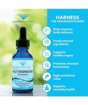 Absonutrix Multi Mushrooms l theanine Supplement 390 mg 4 Oz Liquid 302 Servings Made in USA Quick Absorption Quality Potent Ingredients Non-GMO GMP Certified Facility Cruelty-Free Products - Buy Online on GoSupps.com