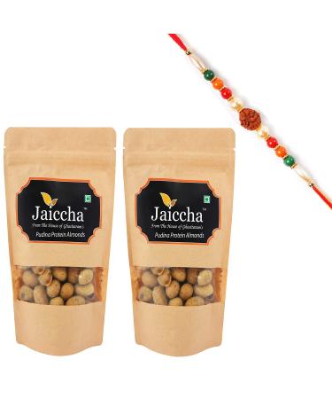 Jaiccha Ghasitaram Rakhi Gifts for Brothers Rakhi Dryfruits - Pudina Protein Almonds 400 GMS in Brown Paper Pouch with Rudraksh Rakhi
