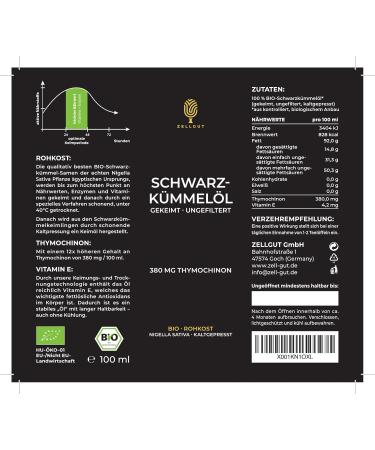  ZELLGUT ZELLGUT Organic Black Cumin Oil 100ml | Pure Gently Cold Pressed Sprouted & Virgin | Made of Original Egyptian Nigella | Freshness Guarantee: Directly From Manufacturer | 380mg THYMOCHINON - Buy Online on GoSupps.com