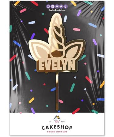 Cakeshop Cake Decoration Pack | Cute Unicorn Horn Premium 3mm Mirror Acrylic Plastic Cake Topper Sign & 25g Party Pack of Cake Sugar Sprinkles | Custom Name Cake Decorations (Gold) Prime Mirror Acrylic: Gold - Buy Online on GoSupps.com