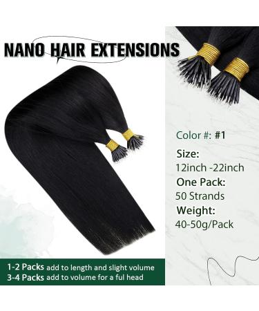 RUNATURE Black Nano Human Hair Extensions - 22 Inch, 50g, Remy Nano Tip Real Hair, Black Nano Ring Extensions - Buy Online on GoSupps.com