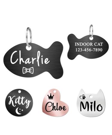Ultra Joys Cat Tags Personalized Small Cat Dog ID Tag - Cat Collar with Name Tag Pet Tags for Cats - Stainless Steel Cat Name Tags - Pet Tags for Cats Both Side Engravable, Fish Tag in Black .Fish-black